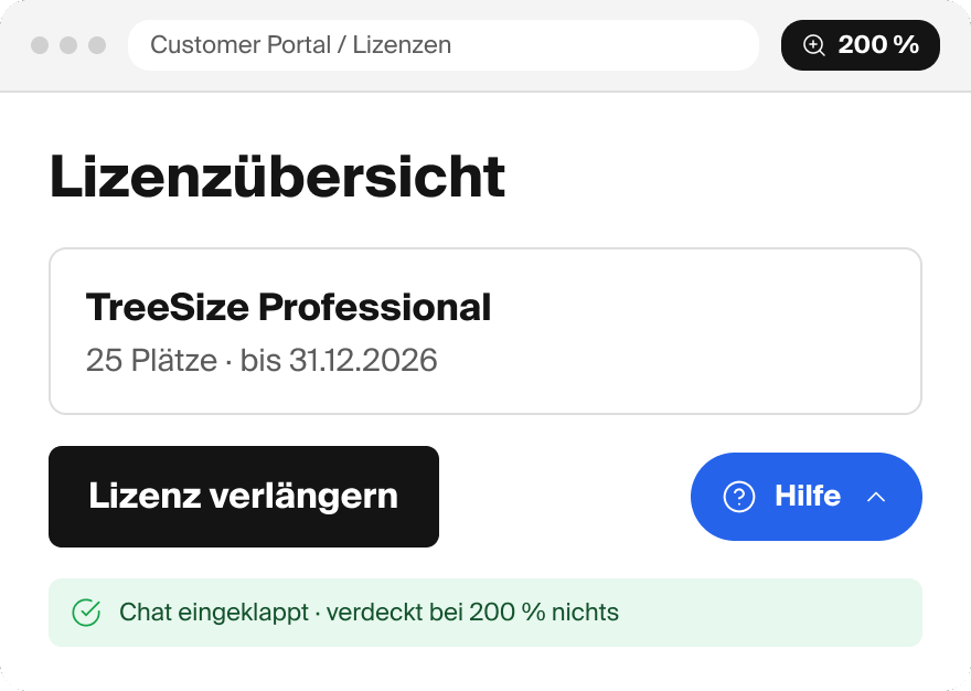 Beispielhafte Darstellung der Lizenzübersicht bei 200 % Zoom: Das eingeklappte Chat-Widget „Hilfe“ verdeckt den Button „Lizenz verlängern“ nicht mehr.