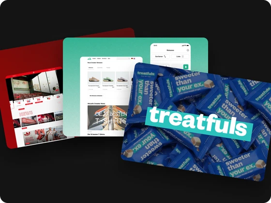 Drei überlappende Vorschauen der Projekte Fortuna Düsseldorf, Grailify und treatfuls.